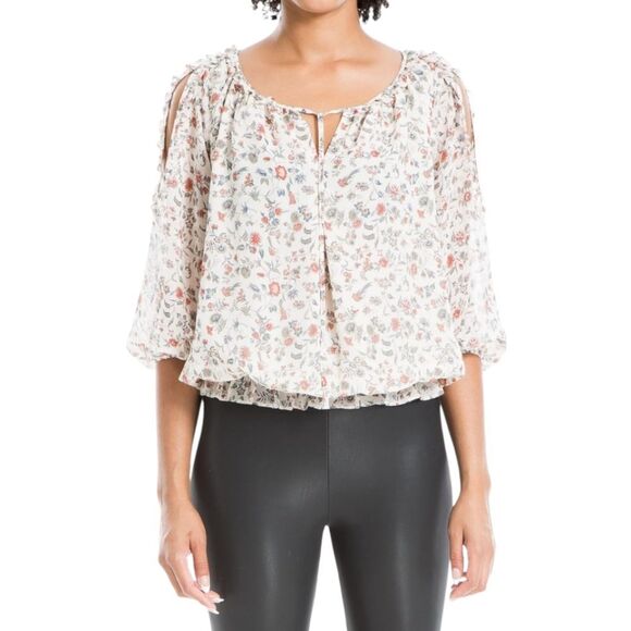 Max Studio -602 Georgette Elbow Sleeve Cold Shoulder‎ Blouse Cream Floral XS - Picture 1 of 12